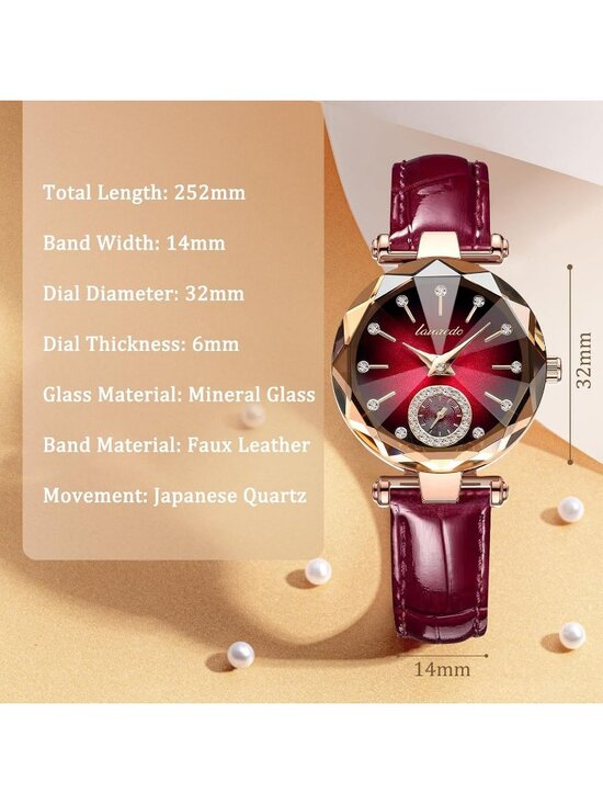 Women\'s Gold Red Elegant Leather Strap Analog Creative Diamond Dial Wrist Watch main image 4